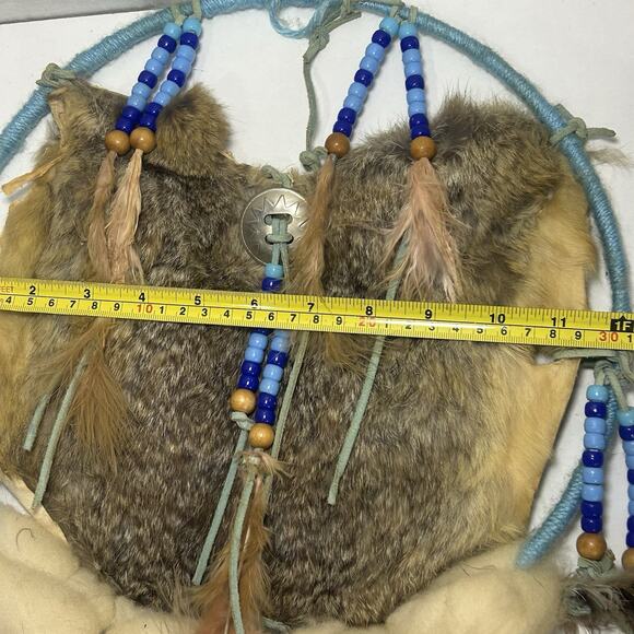 Vintage Native American Mandala Dream Catcher Fur Wool Feathers Beaded - Picture 2 of 6